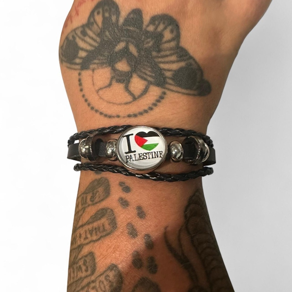 Black pleather Bracelet with adjustable cords with I ❤️ Palestine